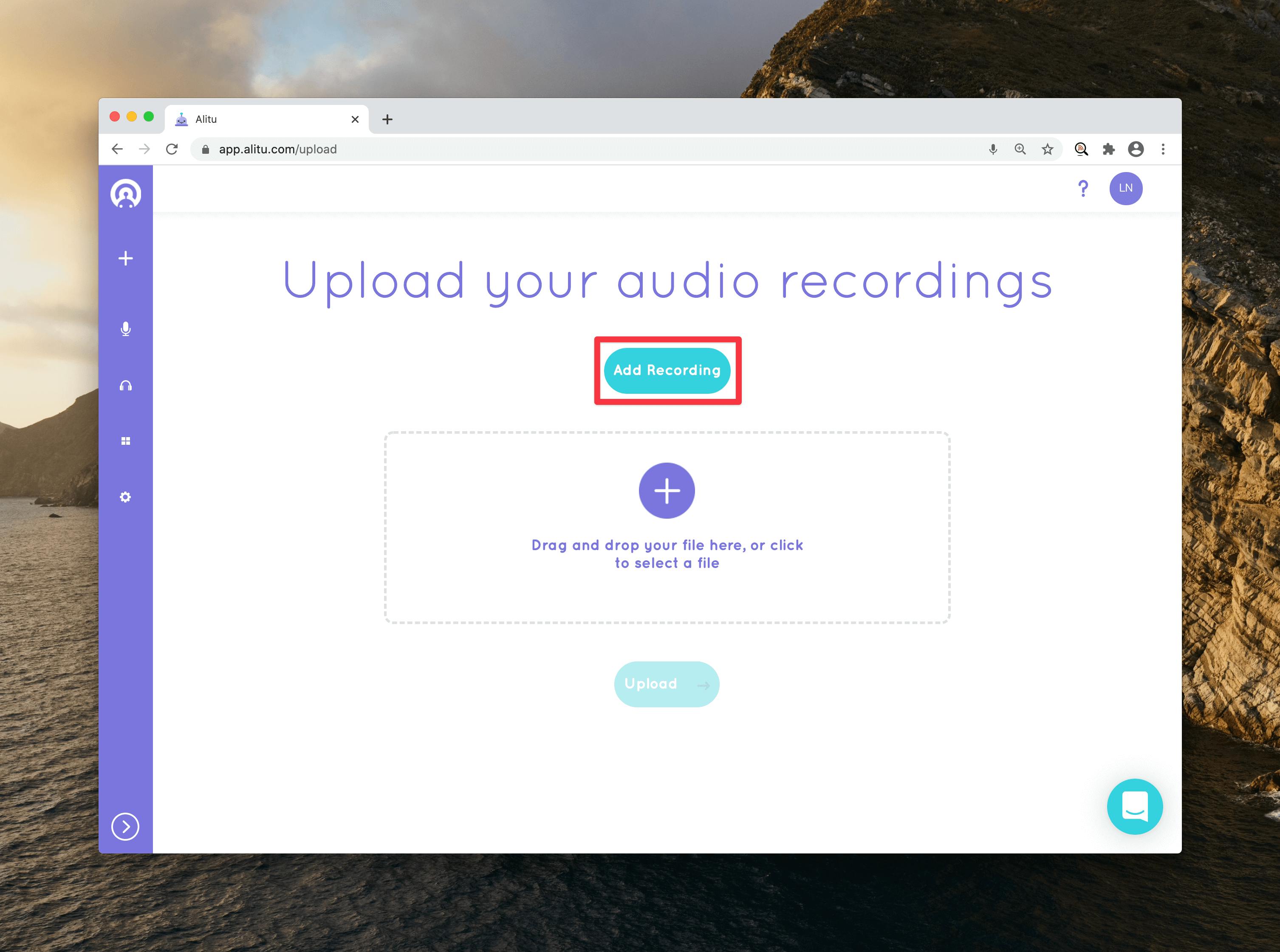 Upload audio recording page with red box around Add Recording