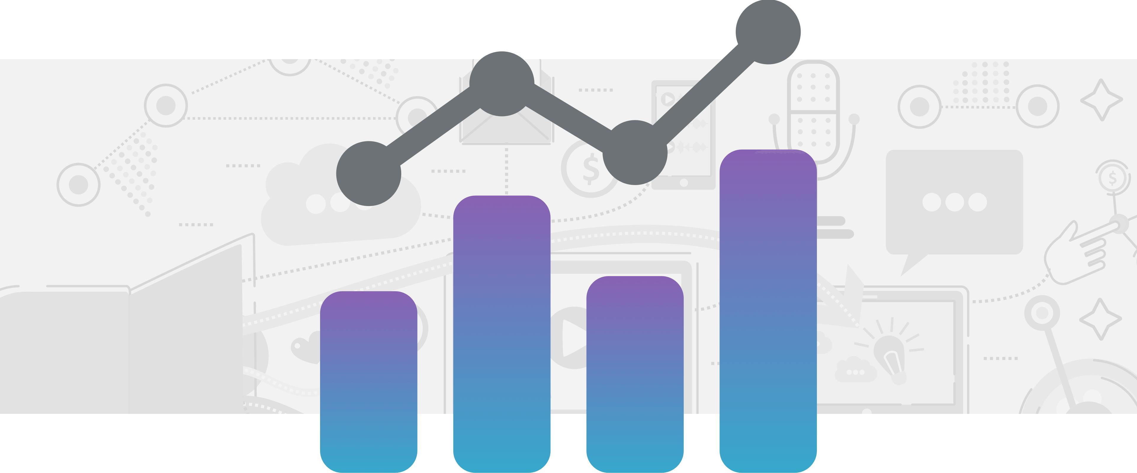 Purple and blue bar graph with grey line above