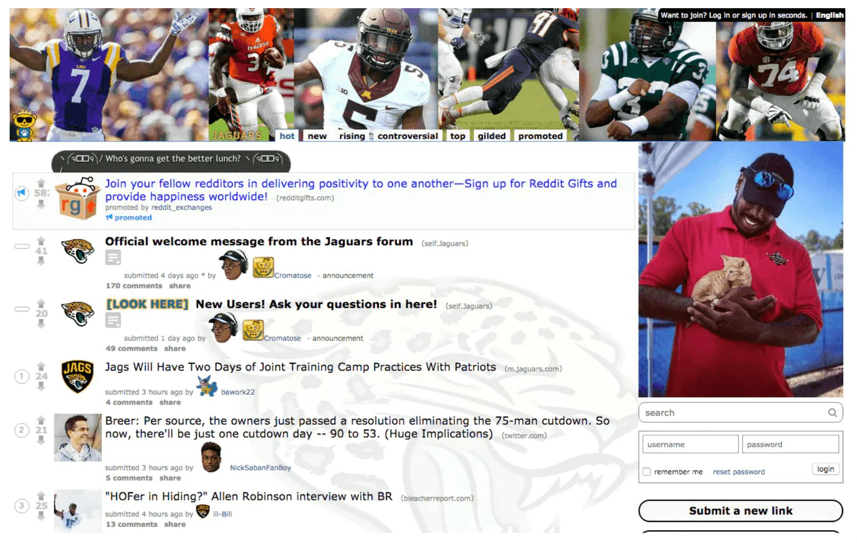 A sports Reddit community with images of football players at the top. 