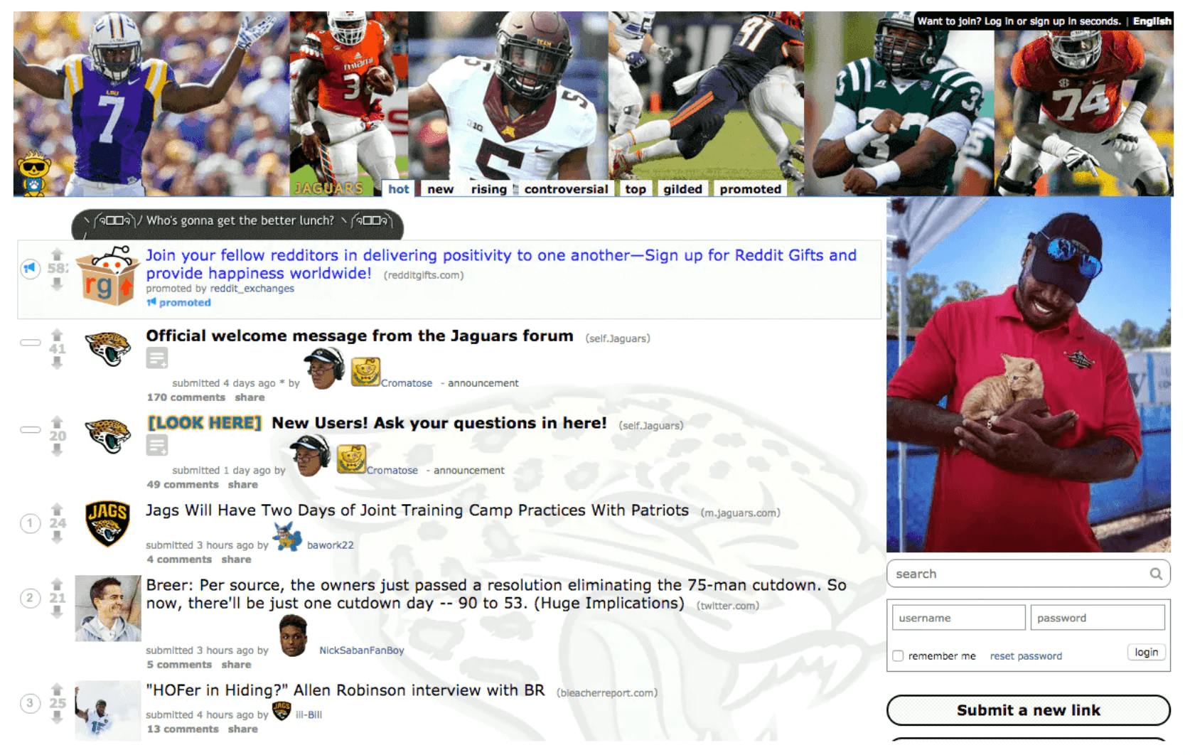 A sports Reddit community with images of football players at the top.
