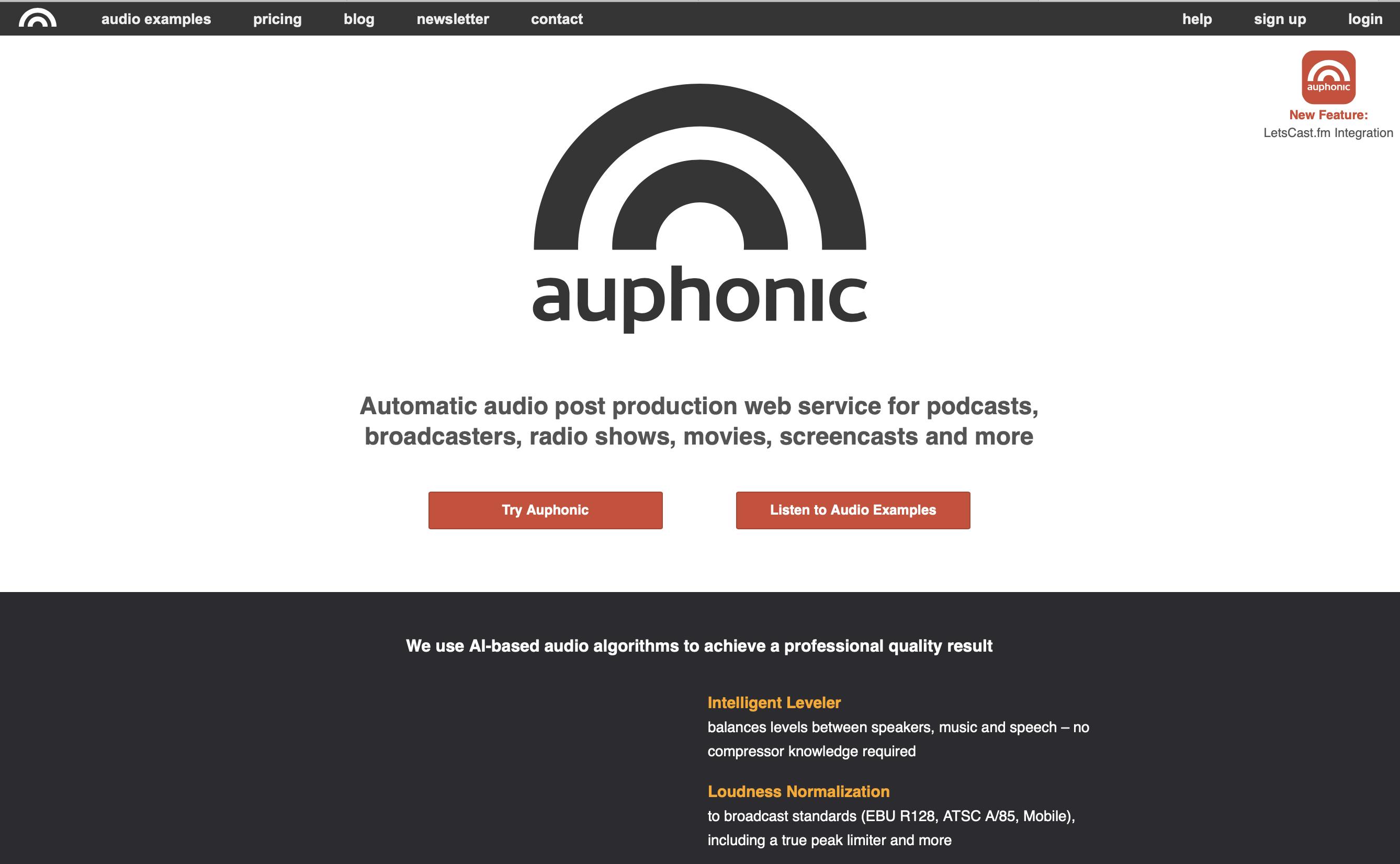 Auphonic homepage with black and white design and red buttons