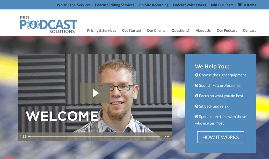 ProPodcast Solutions homepage with video of the owner in the center 