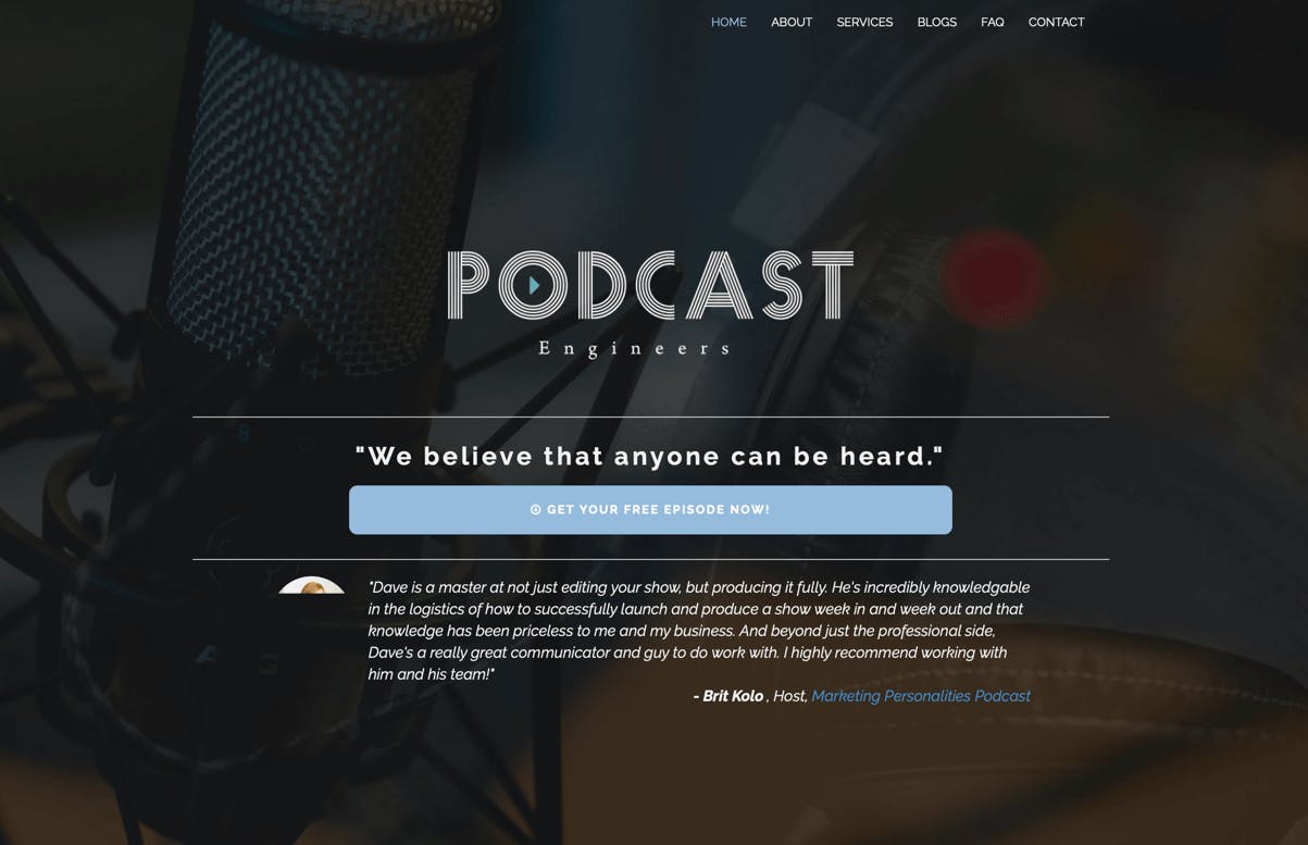 Podcast Engineers homepage with microphone in the background and a light blue button