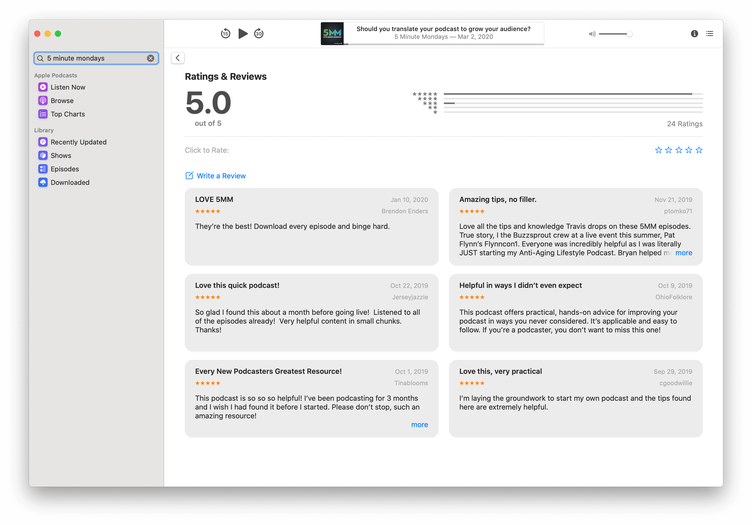 Five-star podcast reviews within Apple Podcasts