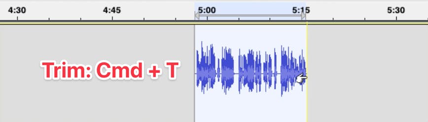 Trimmed audio with red test showing Trim command keyboard shortcut