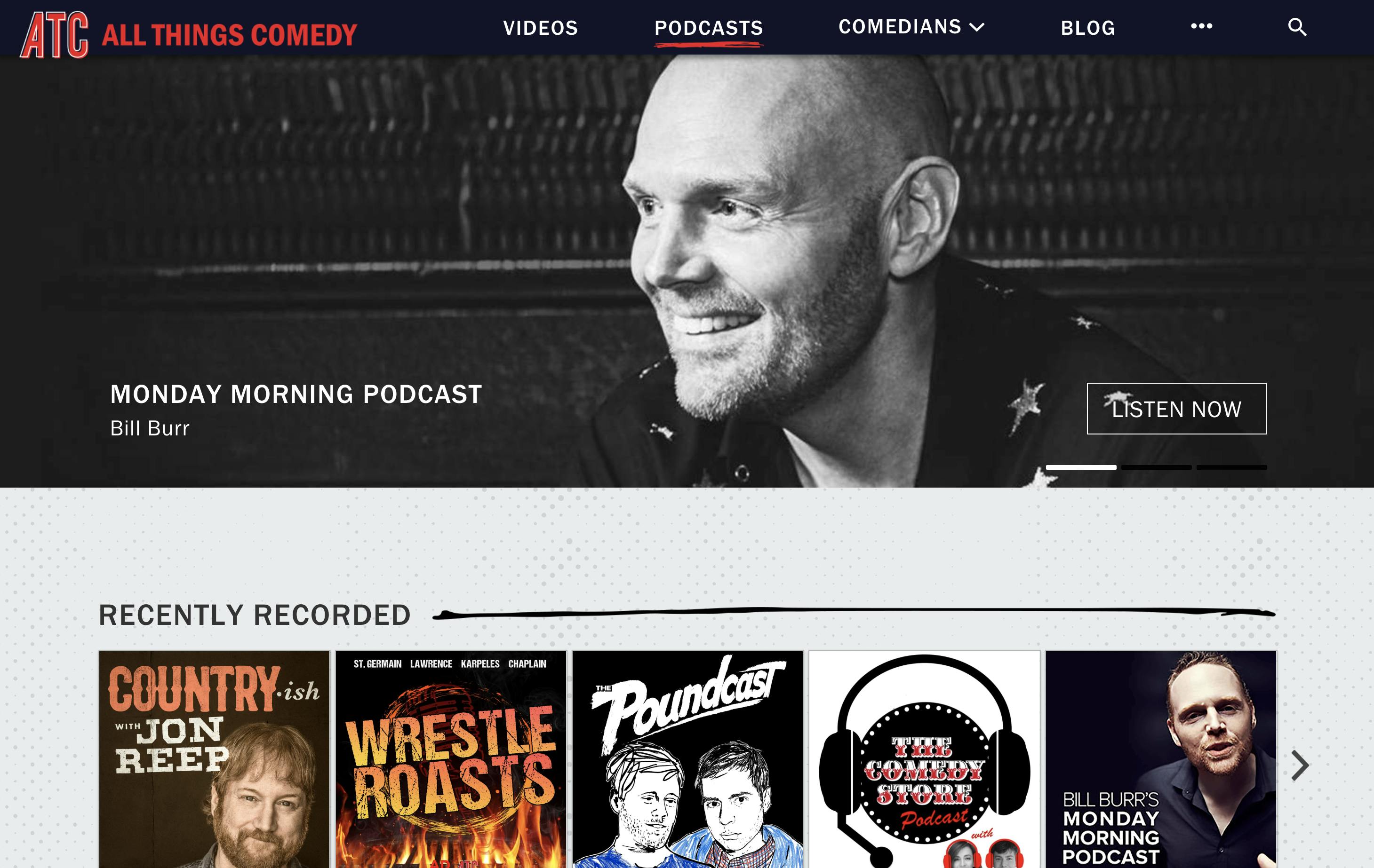 All Things Comedy homepage featuring header image of Bill Burr's Monday Morning Podcast