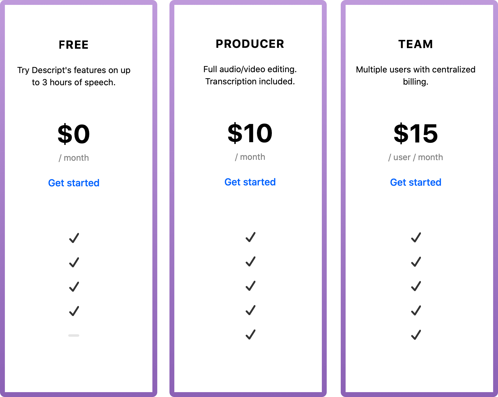 Three purple boxes showing different subscription features and the prices of each