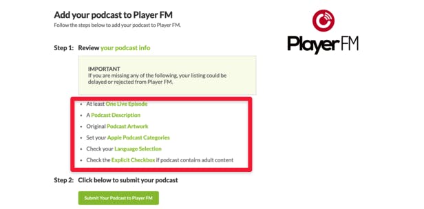 Player FM submission requirements in a red box