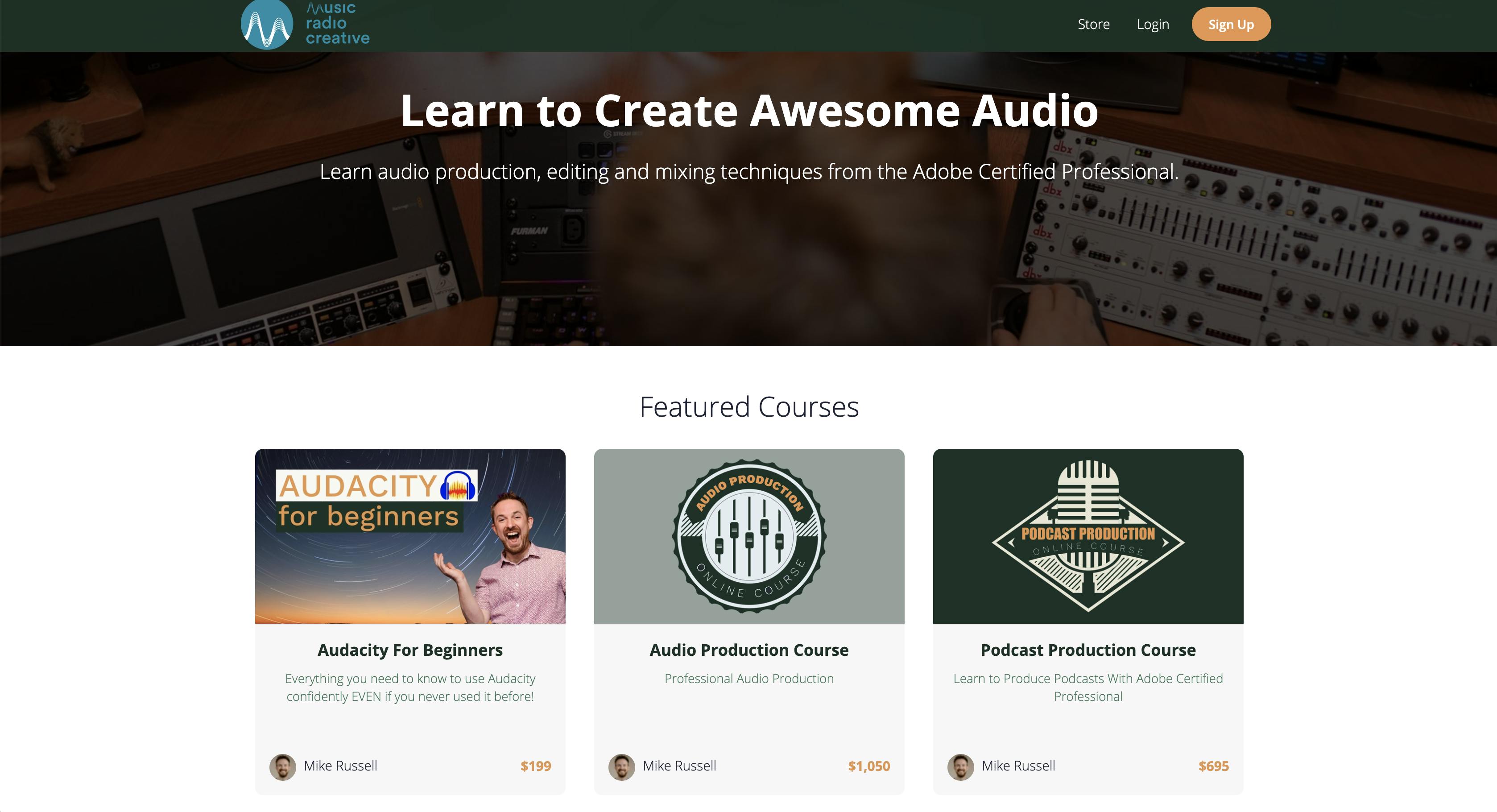 Music Radio Creative homepage with three different featured courses and thumbnails for eeah