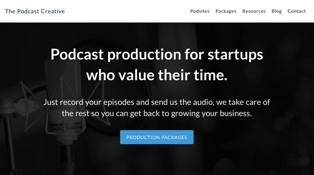 The Podcast Creative homepage with black background and blue button 