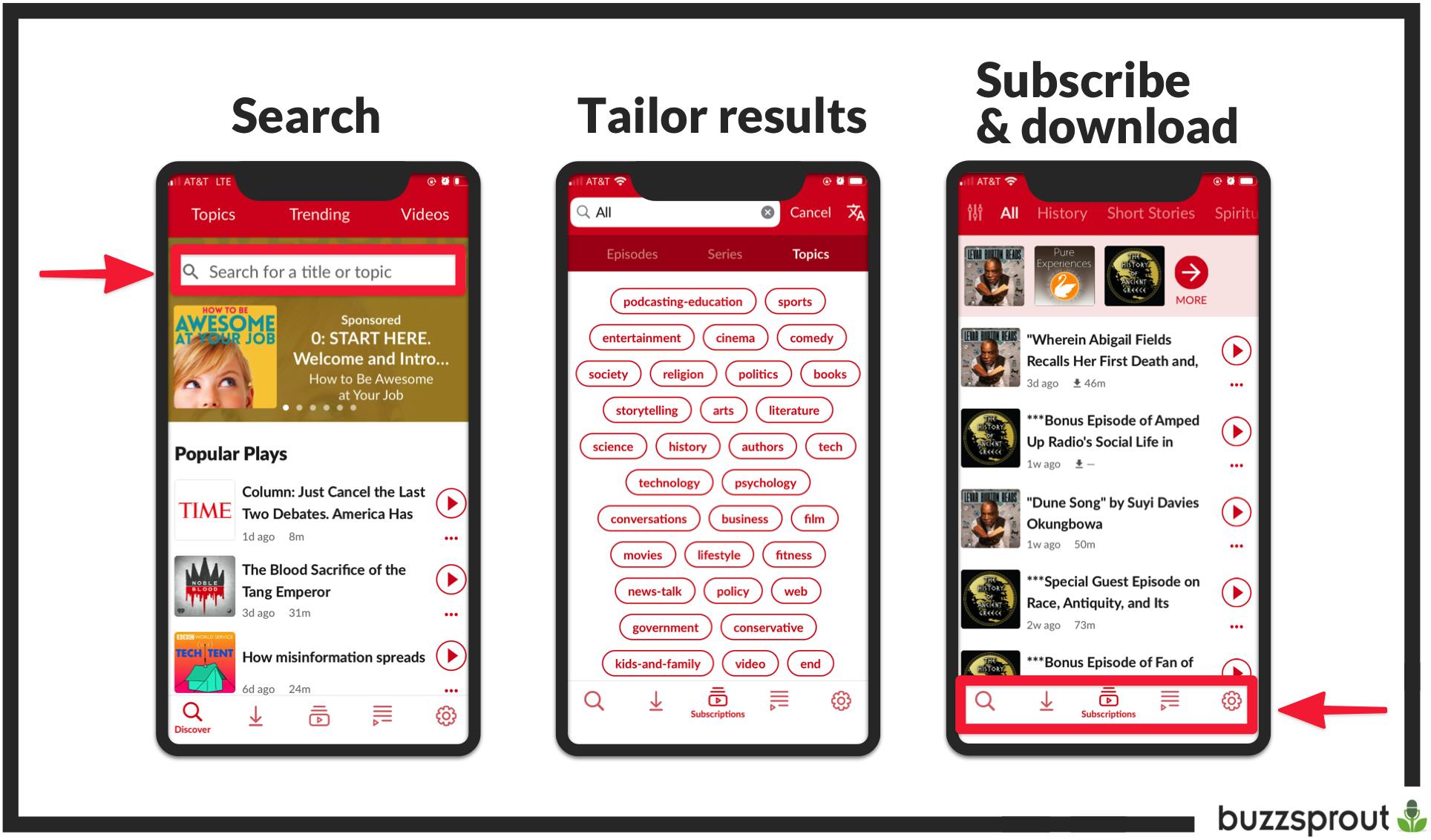 Three images of the Player FM app in use