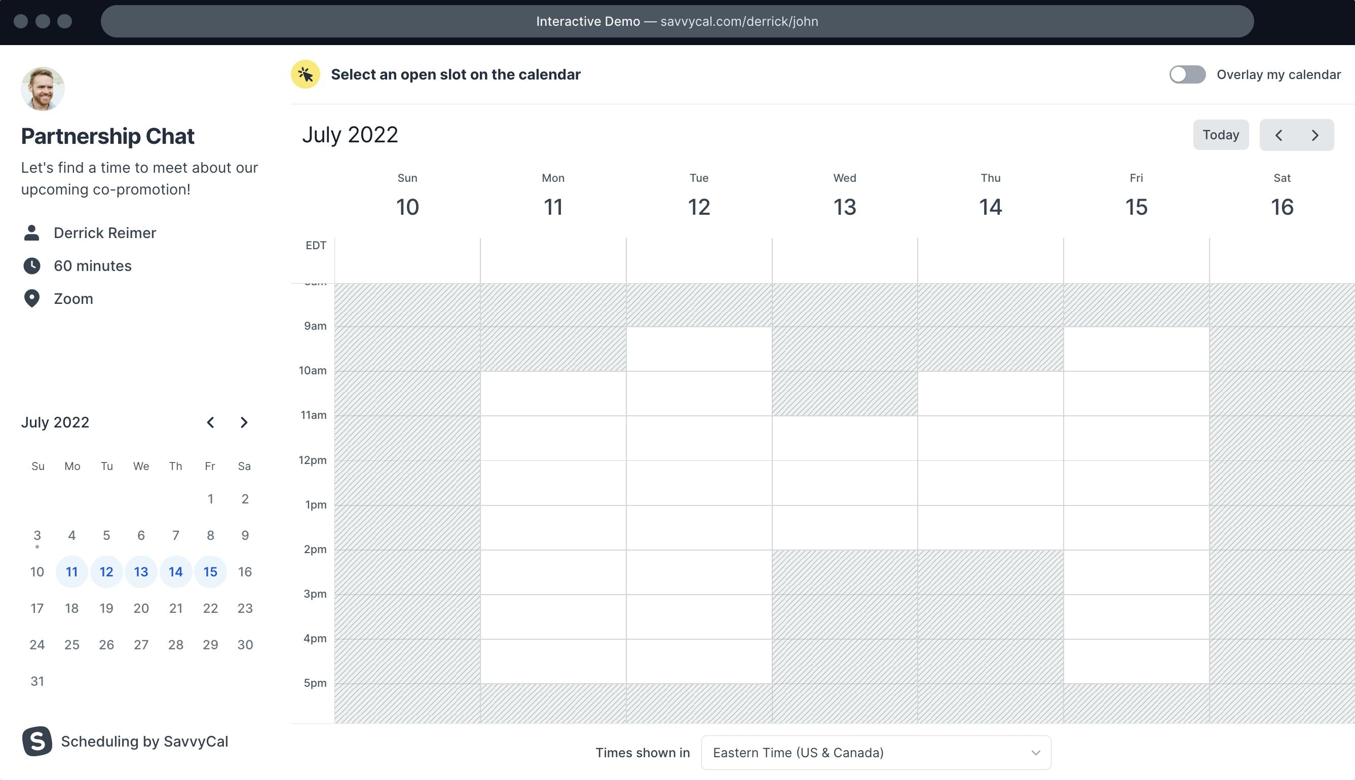 Savvy Cal calendar showing blocked off dates