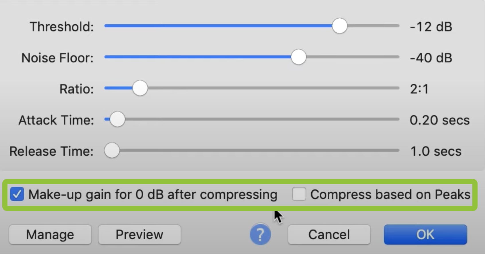 Compressor settings window with green box around settings