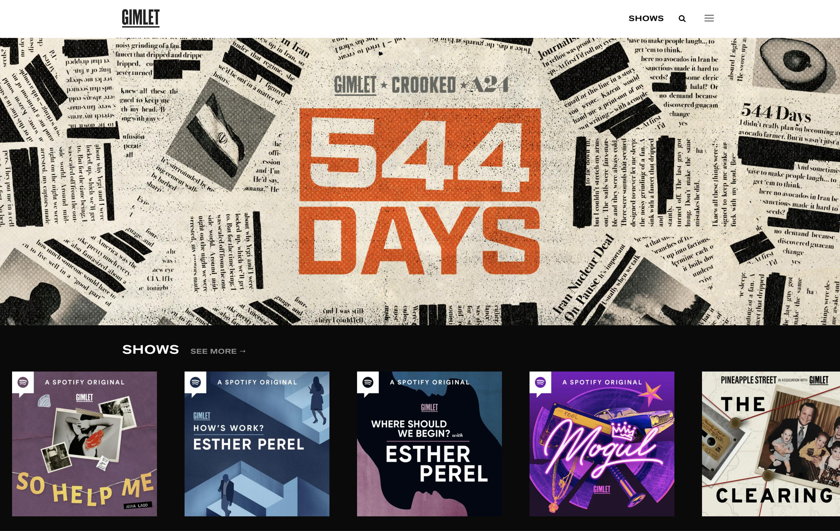 Gimlet Media homepage featuring podcast artwork for the 544 Days podcast