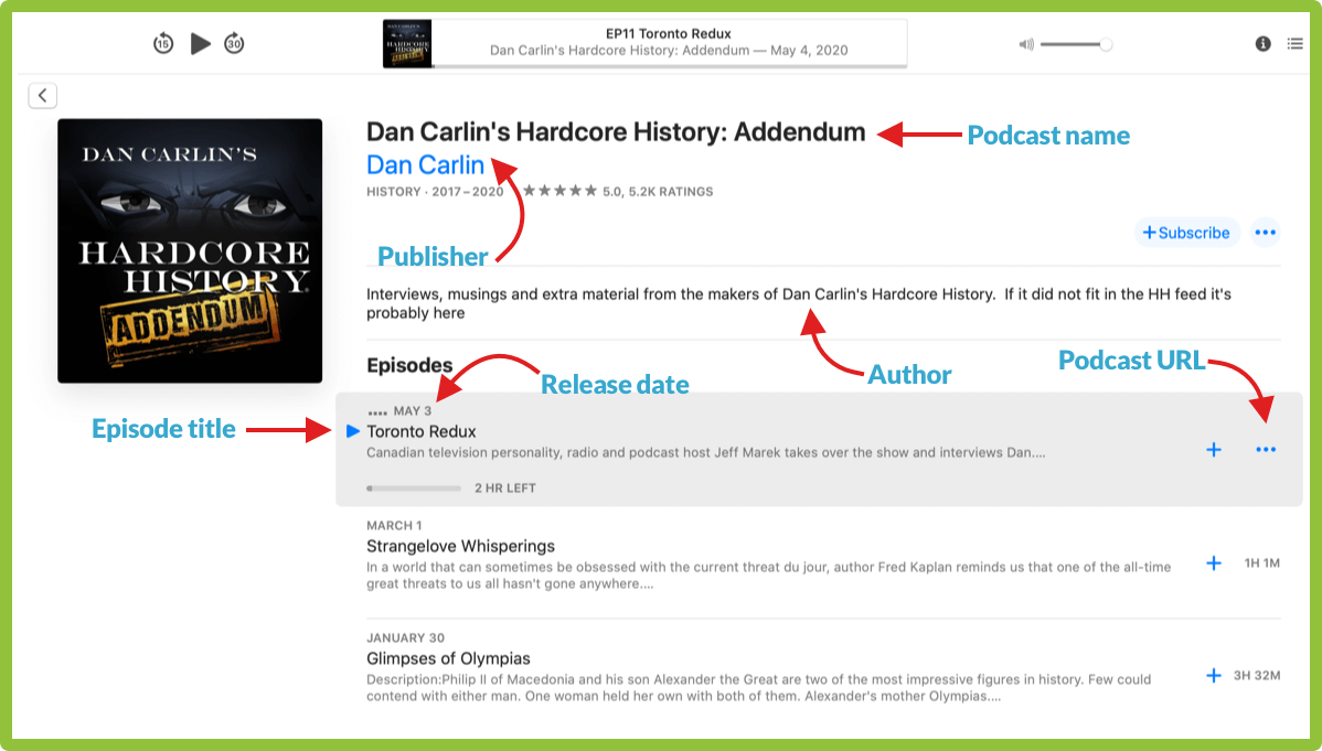 Podcast in iTunes app with arrows pointing to information needed for citing
