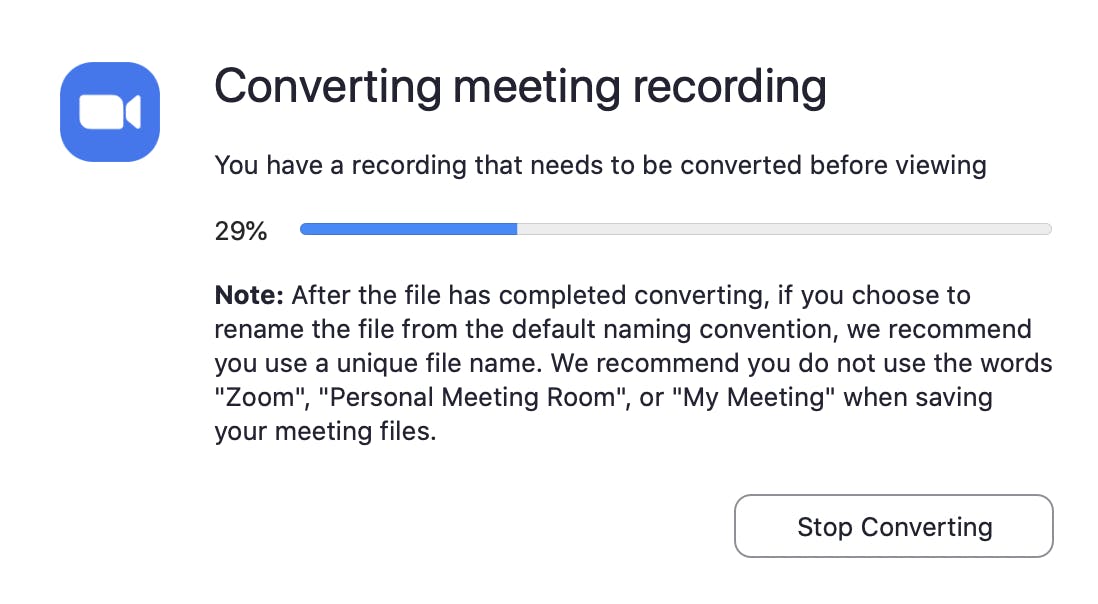 Zoom window showing the meeting converting