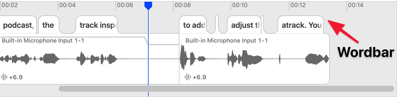 Red arrow pointing to the Wordbar feature above the waveform