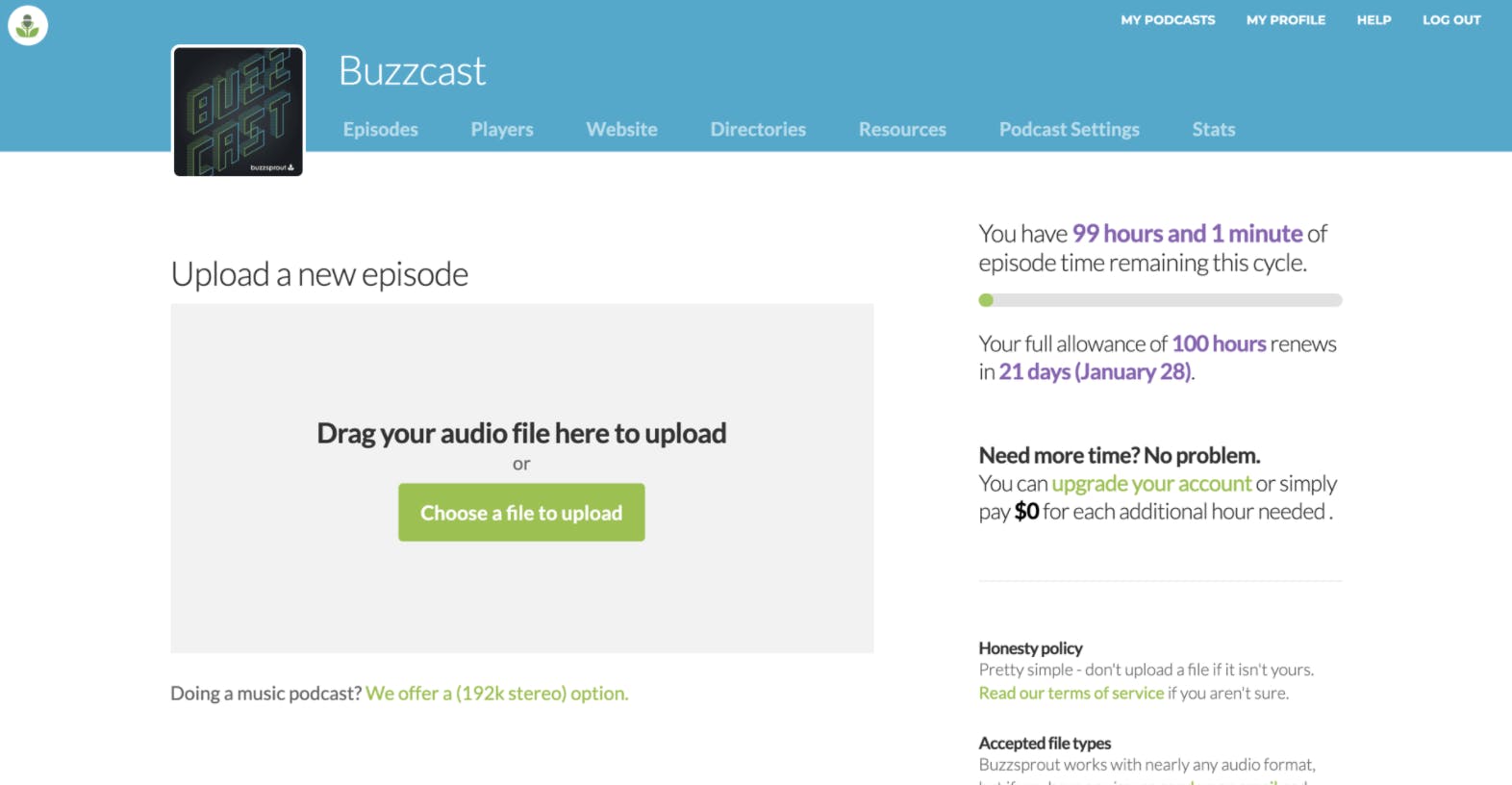 Uploading podcast to Buzzsprout