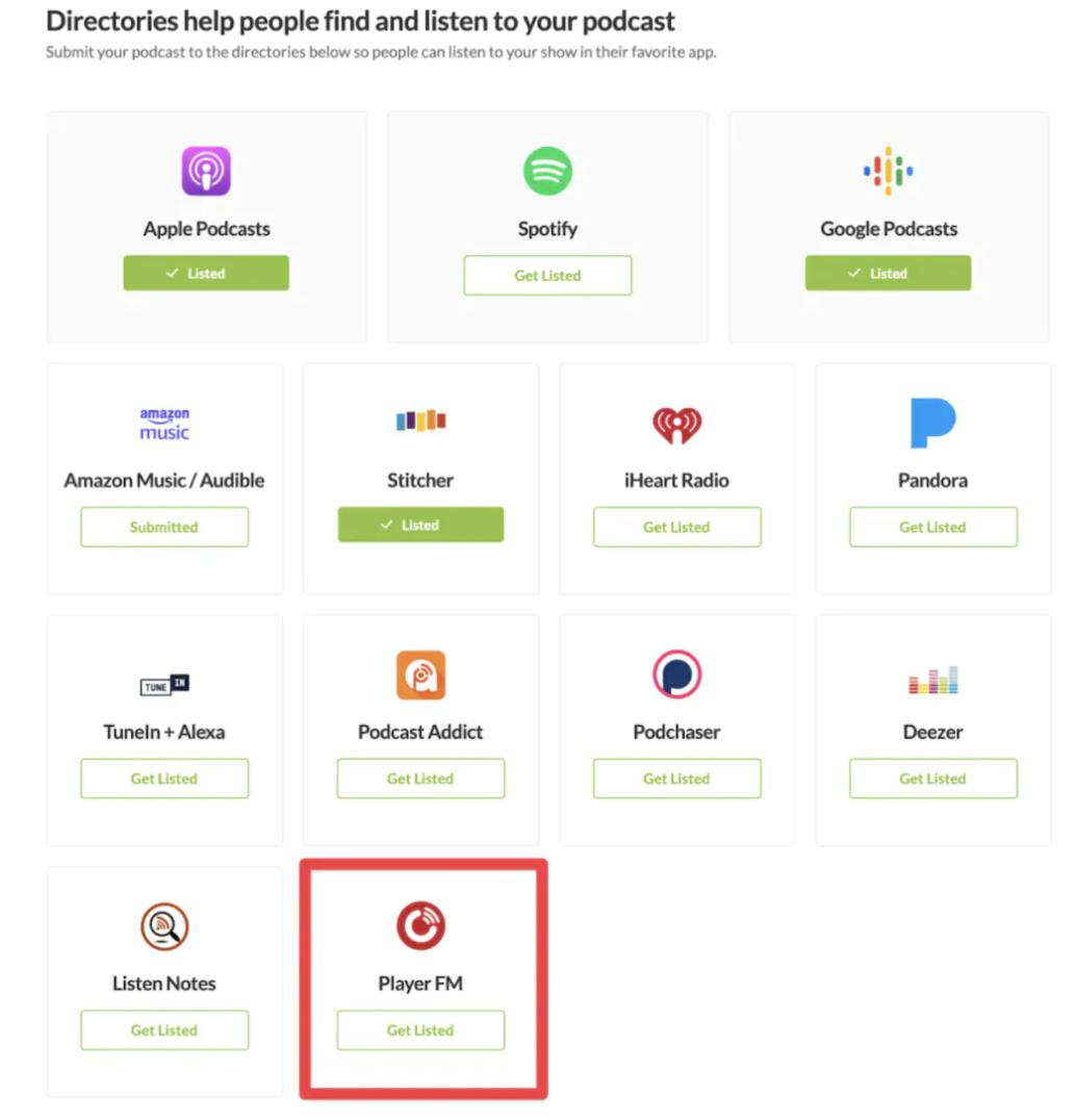Buzzsprout directories with red box around Player FM