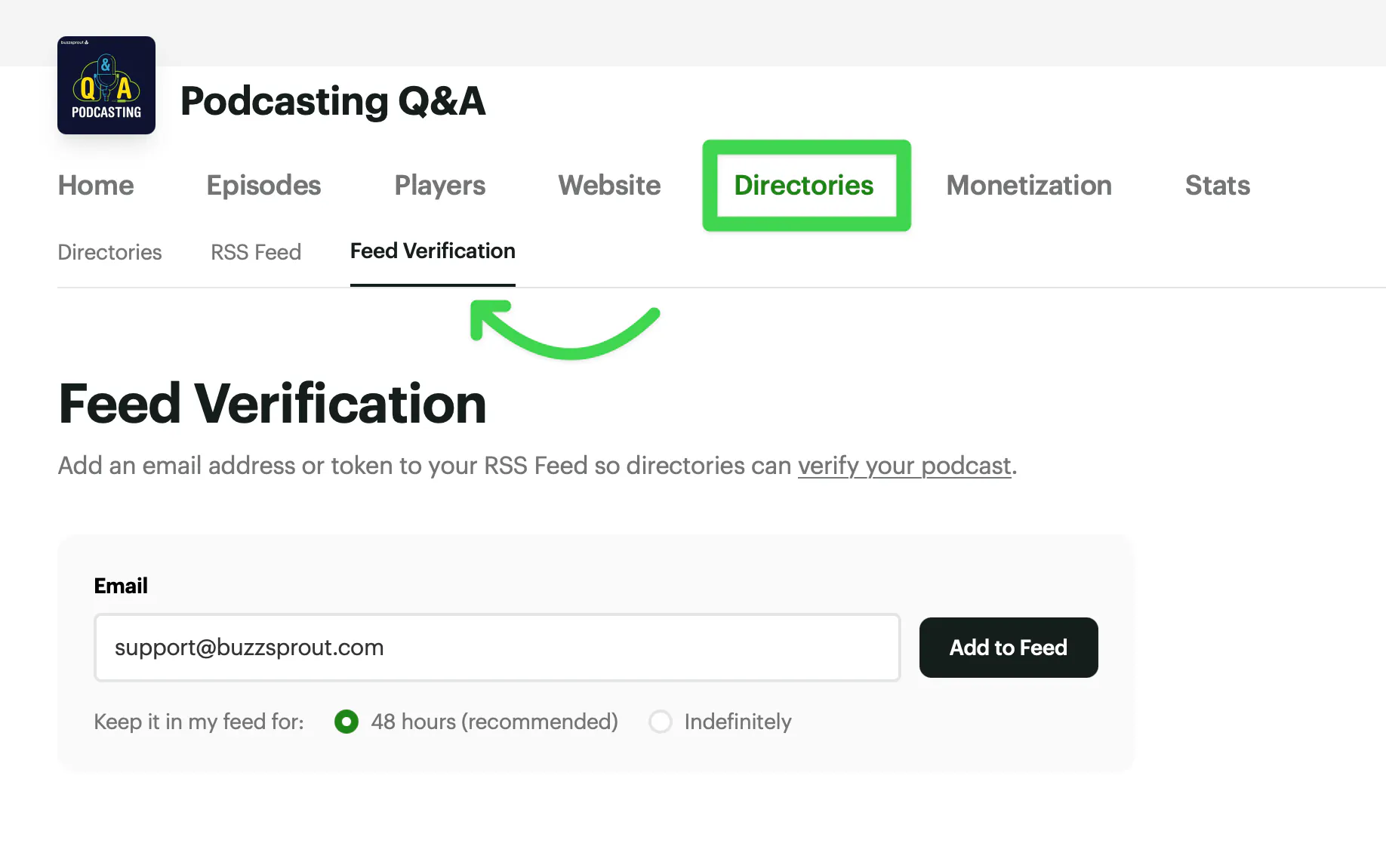 Add email to RSS feed by going to Directories > Feed Verification