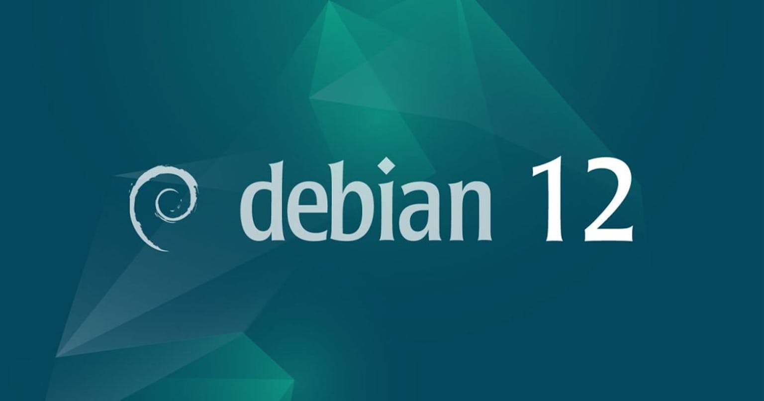 Debian Logo, Schriftzug "Debian 12", blau-grüner Hintergrund