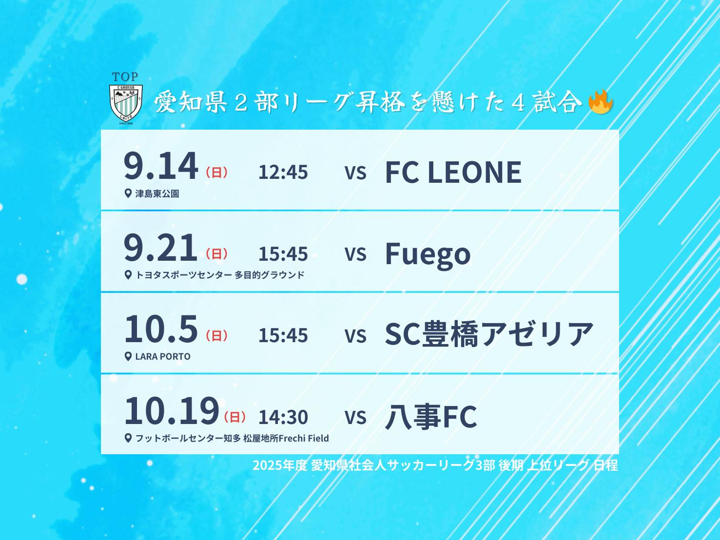 愛知県2部リーグ昇格を懸けた4試合|日程表