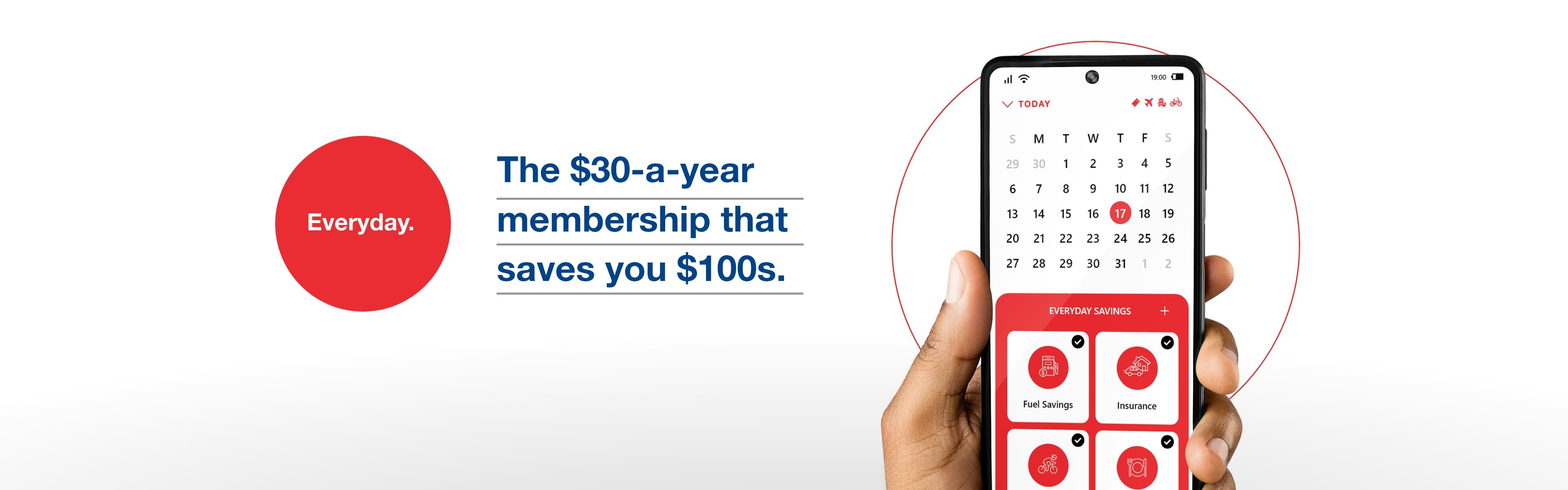 CAA Everyday. The $30-a-year membership that saves you $100s. Picture of hand holding cell phone with calendar app open.
