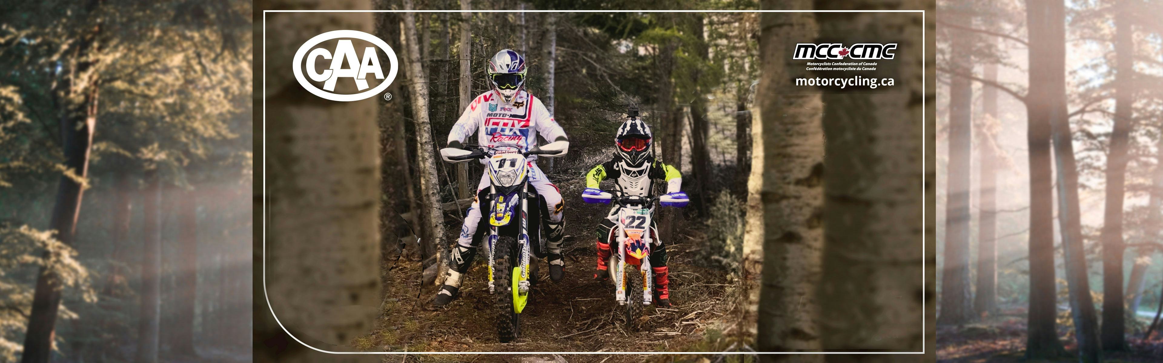 Adult and child motorcycling through a trail ﻿