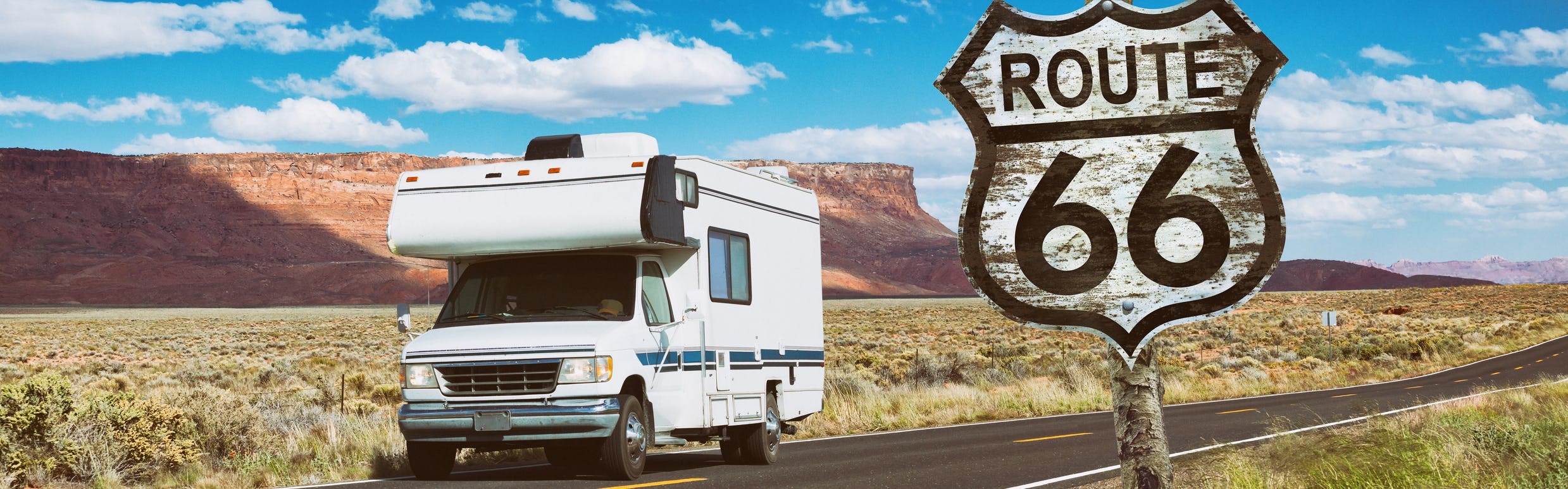 RV driving along the famed Route 66 in the United States 