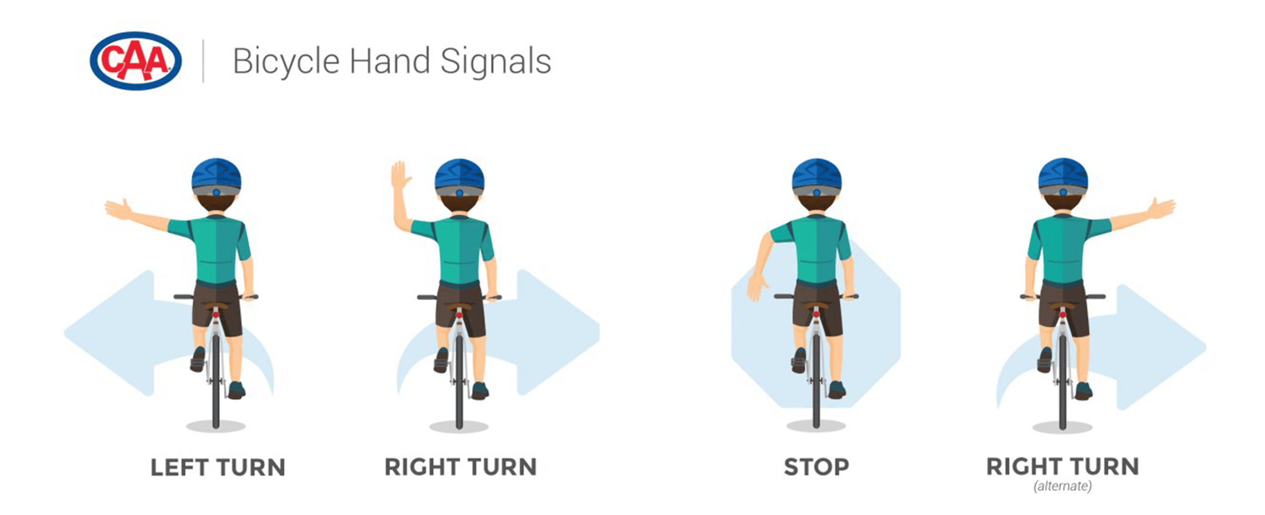 Bicycle hand signals: left turn, right turn, stop and right turn alternative