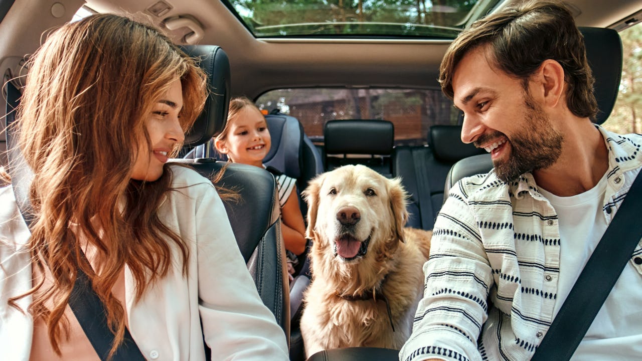 family in a car with their dog