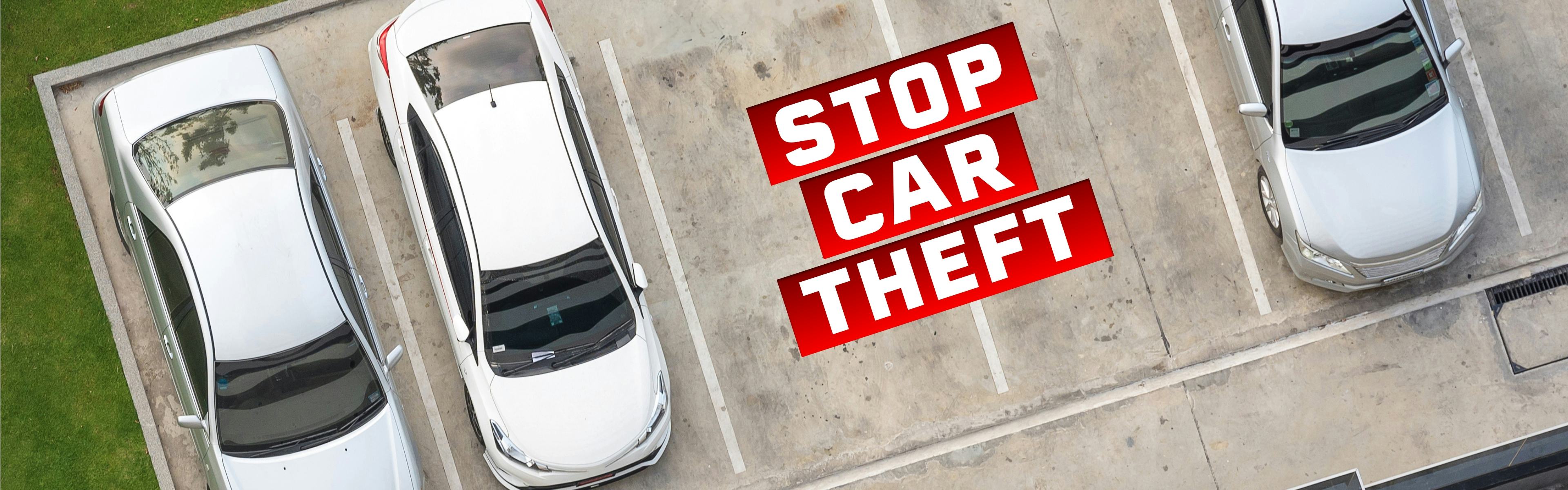 Cars in a parking lot with "Stop car theft" text