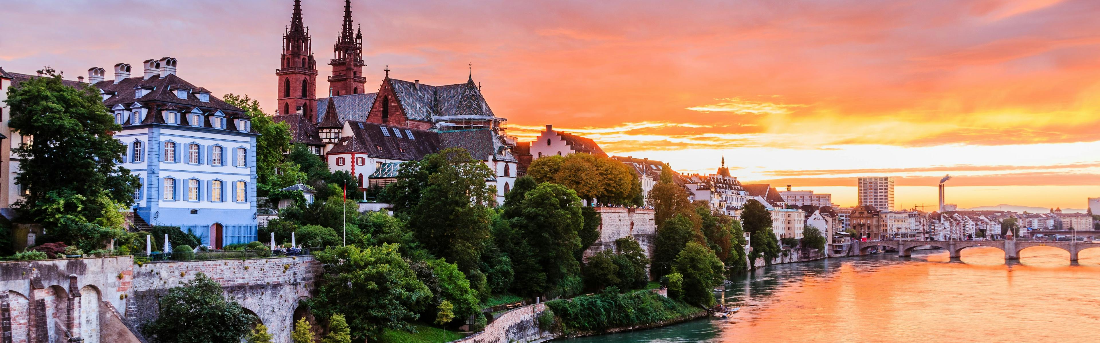 Sunset over the river in Basel, Switzerland