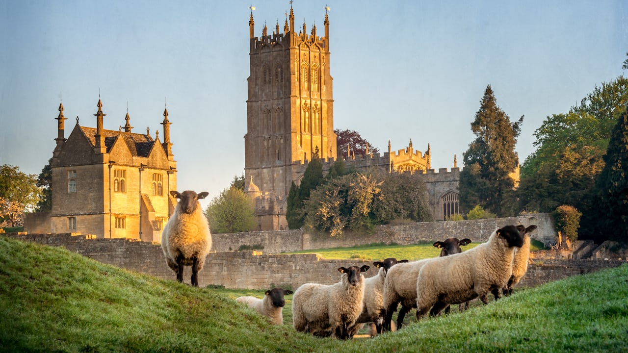 Chipping Campden church in the United Kingdom with sheep