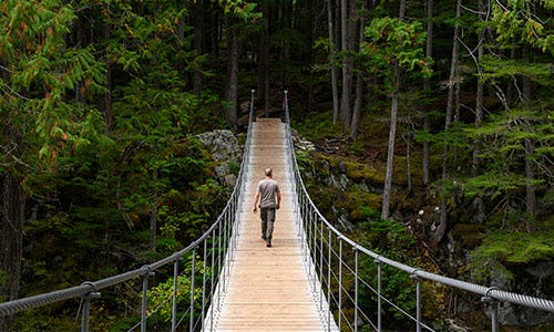Man hiking across a suspension bridge