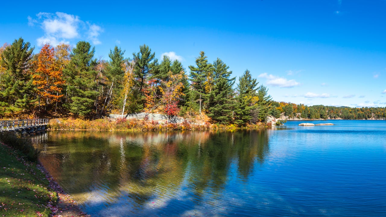 Colorful trees on a lake in Sudbury