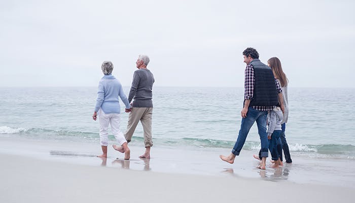 Multi generational family walking on the beach