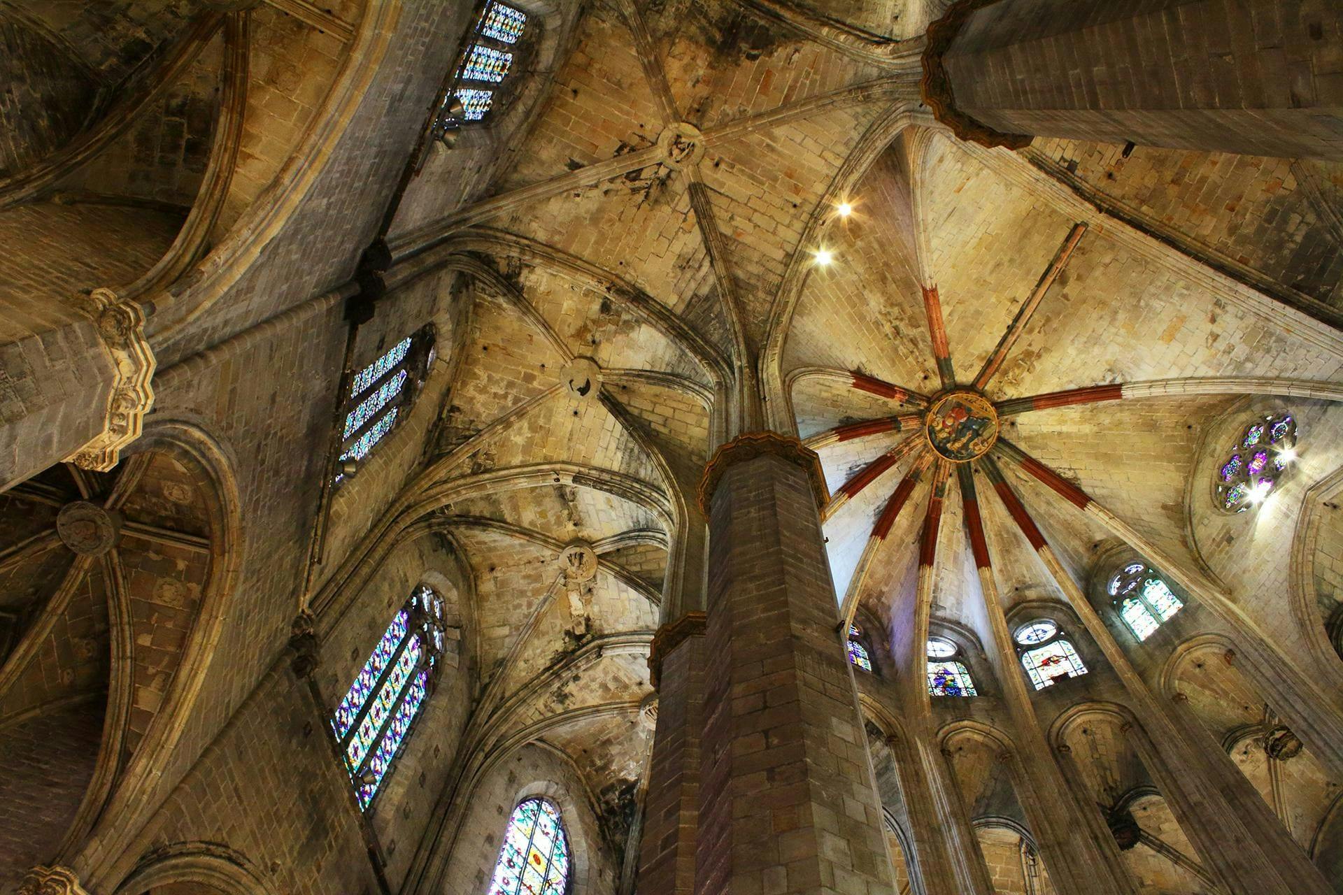 Interior view of Basilica Church of Santa Maria del Mar, a stunning Gothic church in Barcelona.