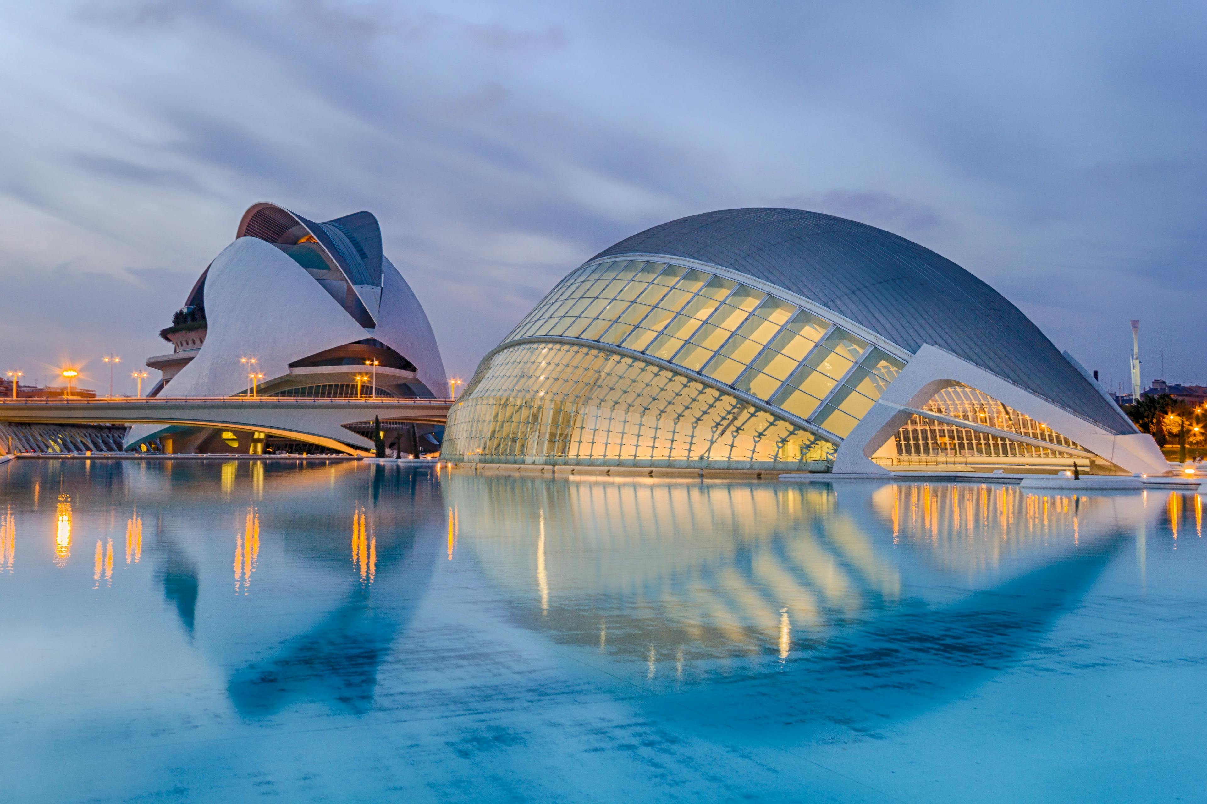 Ciudad de las Artes y las Ciencias, Valencia: Una majestuosa estructura complementada por un tranquilo estanque reflectante.