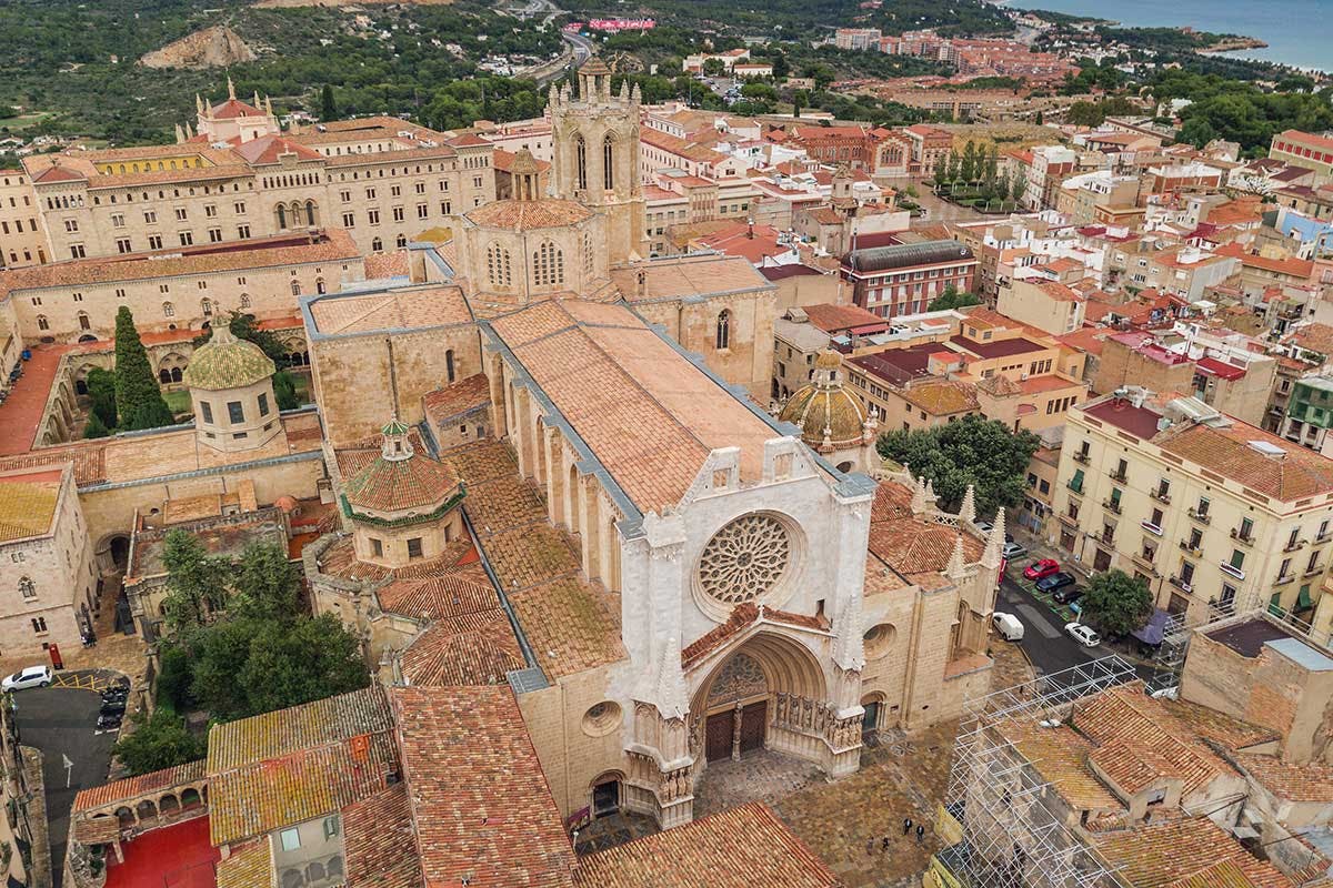 Aerial view of Tarragona, located in Spain, showcasing the city's stunning landscape and architecture.