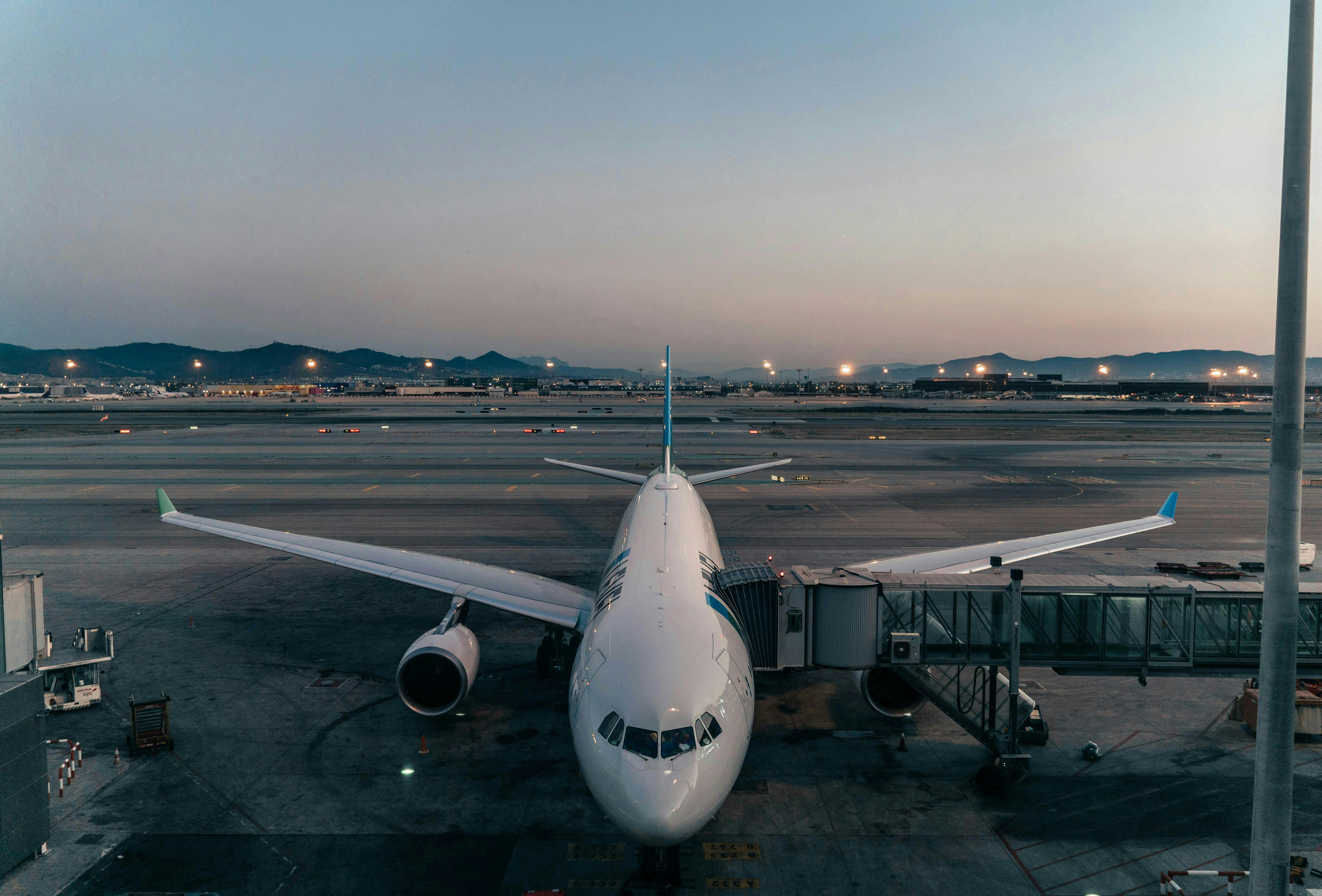 A parked airplane at Barcelona Airport, Spain.