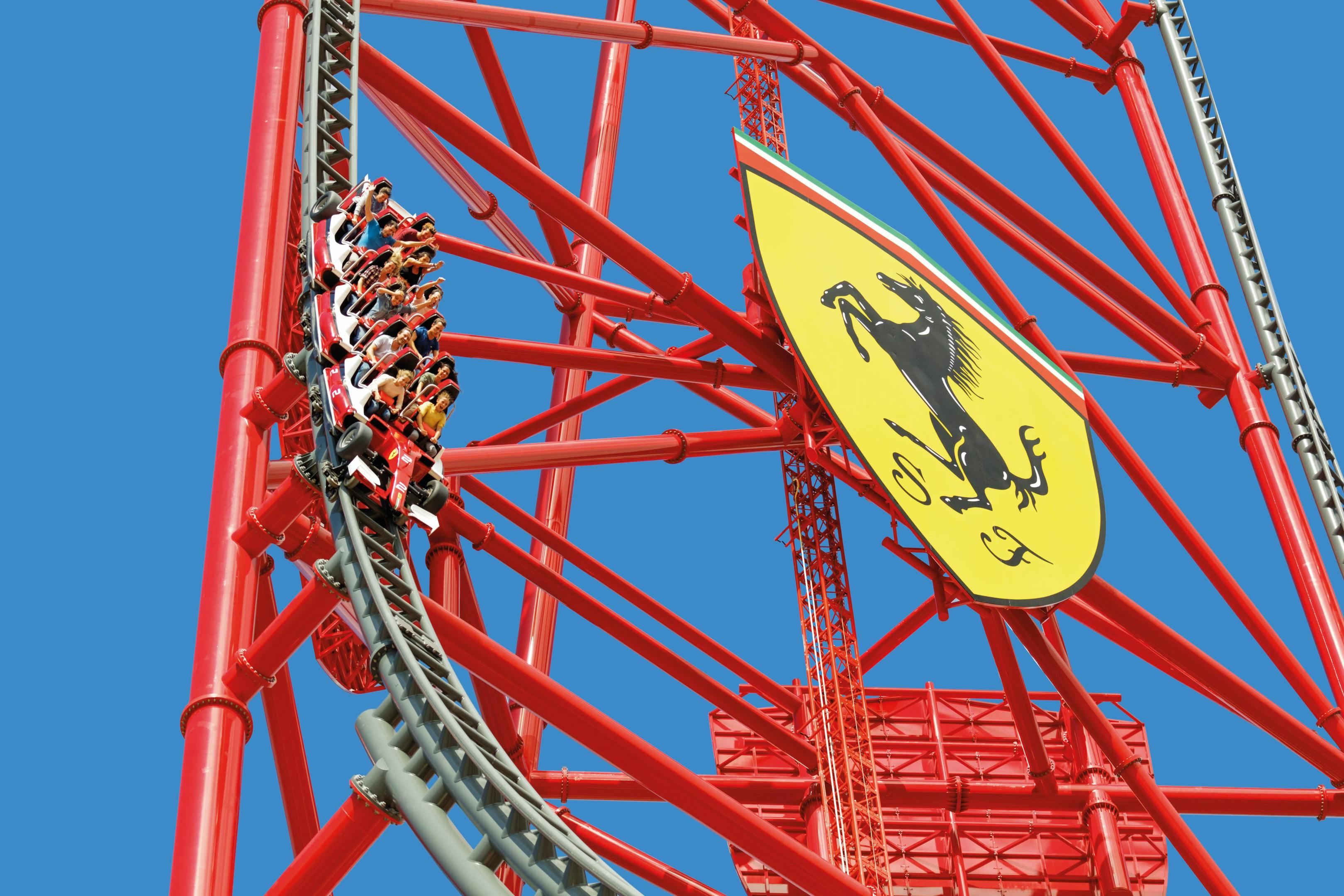 A thrilling roller coaster at Ferrari Land, promises an amazing ride.