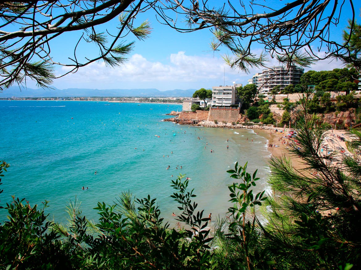 A breathtaking view of Llenguadets Beach, Costa Dorada, showcasing a serene beach and a cityscape, as seen from a tree.