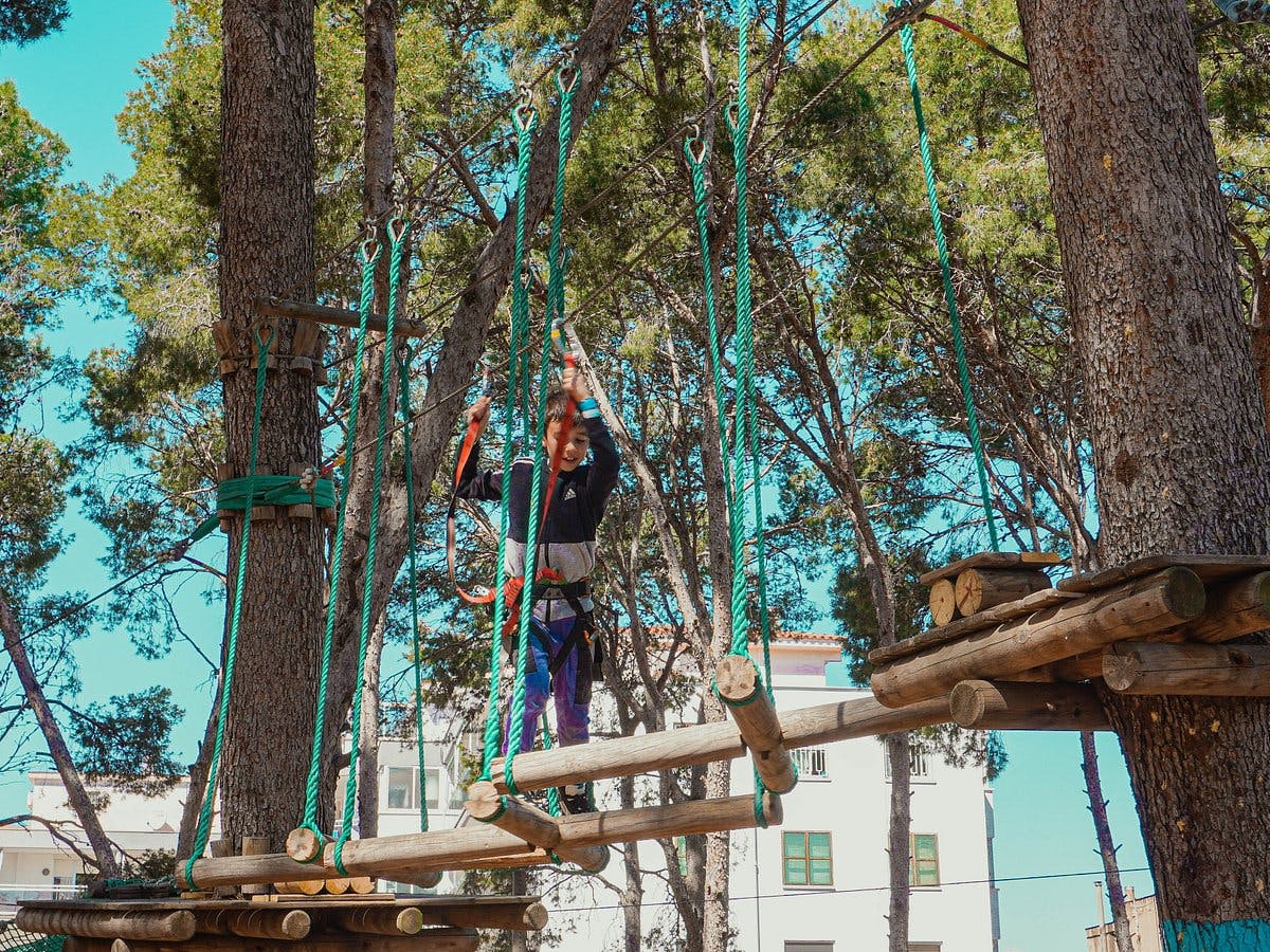 A child navigating a rope course amidst a lush forest at Bosc Aventura.