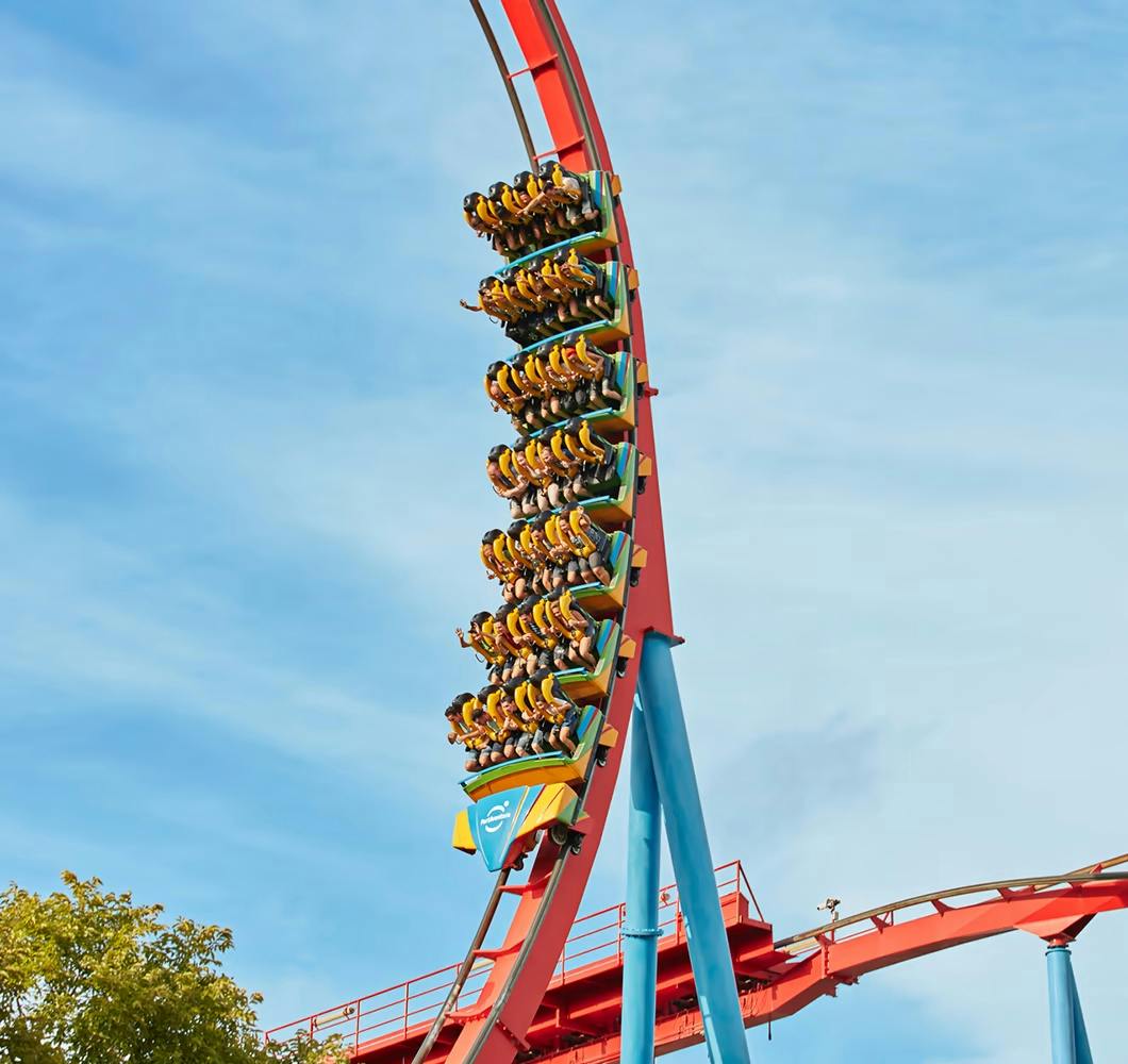 A vibrant roller coaster with red and blue tracks twisting and turning against a clear blue sky.