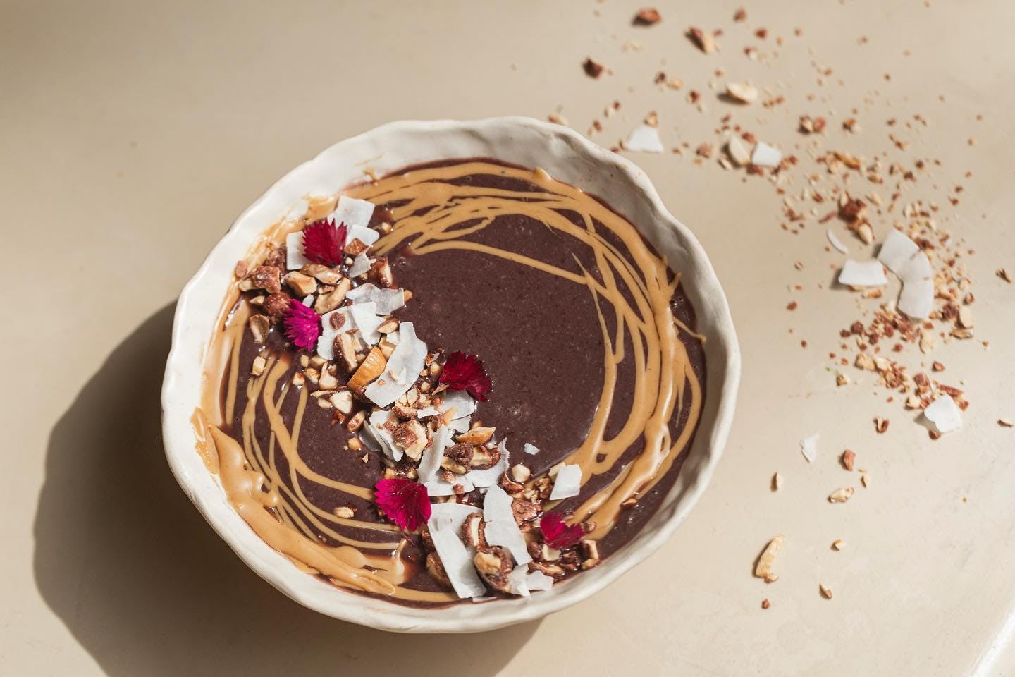 An açai bowl with nuts and other toppings at La Papa in Barcelona, Spain.