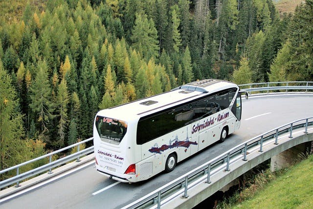  A bus moving along a forested road in the countryside.