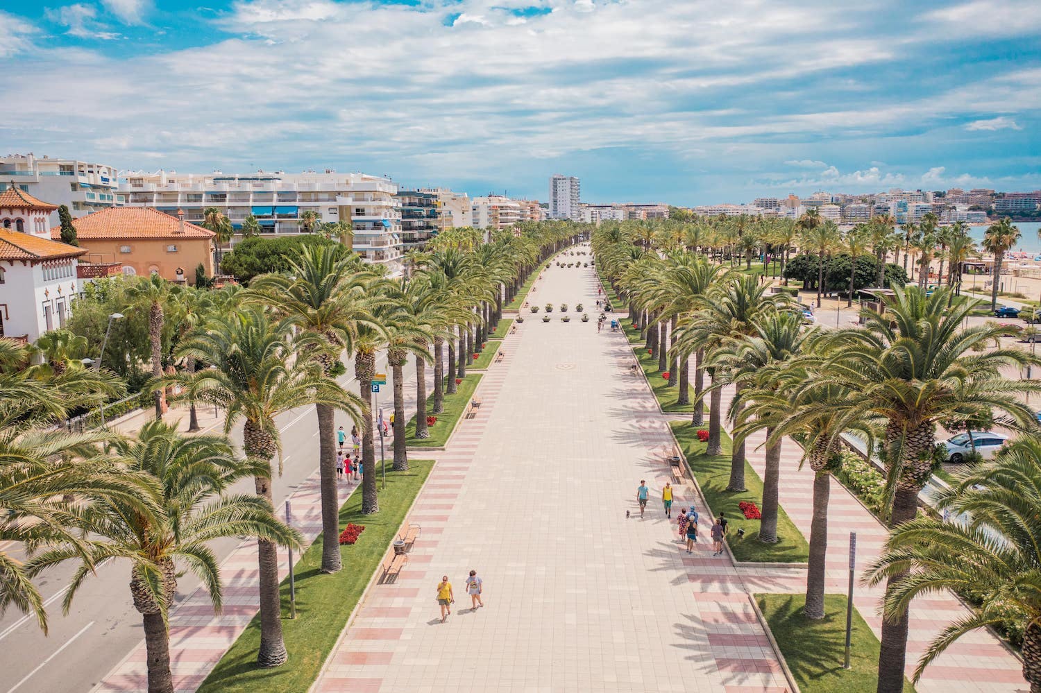 A scenic road with palm trees and people walking along it. 