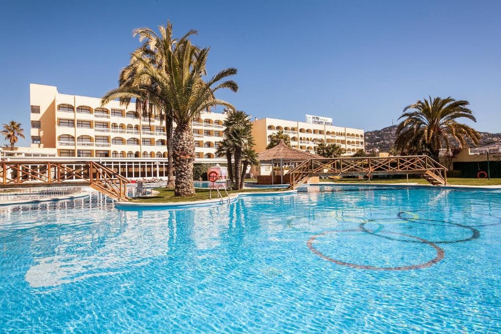 A large swimming pool in front of one of the hotels in Lloret de Mar.