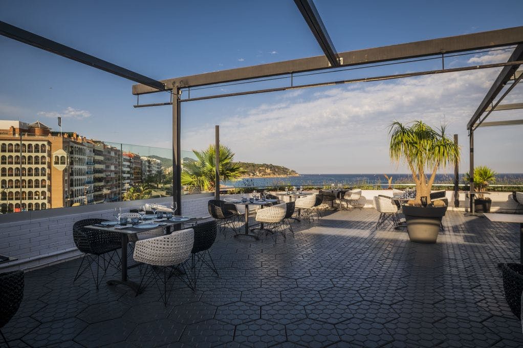 Rooftop terrace overlooking the sea at one of the restaurants in Lloret de Mar.